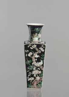Pair of vases, Chinese, 18th century, colored porcelain famille noire, decorated with birds, plums,