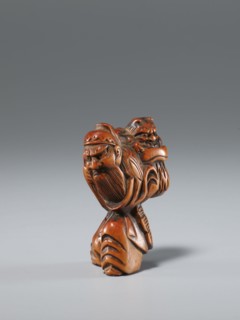 Netsuke in the shape of Shôki and an oni, unknown sculptor; Japanese, Edo period 1603–1868, 1st