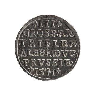 Trojak three-groschen coin. Obverse: male bust in armour in profile facing right; short hair, long
