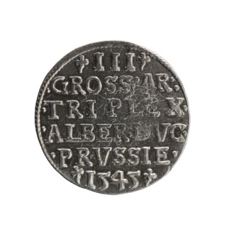 Trojak coin by Maciej Schilling, co-creator Jost Ludwik Decjusz fl. 1528–1535, 1545. Obverse: male