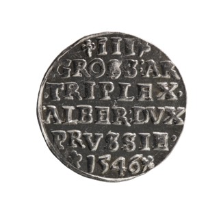 Trojak by Maciej Schilling mintmaster, co-creator; obverse: male bust in armour in profile to