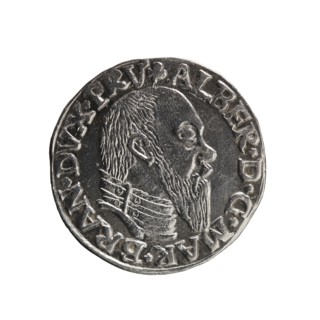 Trojak, Schilling, Maciej mintmaster, co-creator. Obverse: male bust in armour in profile turned