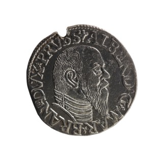 Trojak, Schilling, Maciej mintmaster co-creator. Obverse: male bust in armour in profile facing