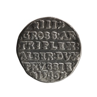 trojak, Schilling, Maciej mintmaster; co-creator. Obverse: male bust in armour in profile turned to