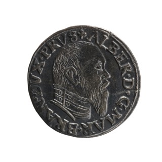 trojak; Albrecht Hohenzollern Prince of Prussia; 1490–1568 — iconography: trefoils, male busts in