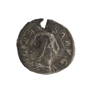 Denarius, Elagabalus 204–222; Roman emperor 218–222. Obverse: IVLIAMAE SAAVG — Draped bust of Julia