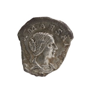 Denarius of Elagabalus reigned 218–222. Obverse: Draped bust of Julia Maesa facing right, pearl