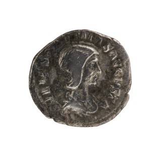 Denarius, Elagabalus reigned 218–222 CE. Obverse: Draped bust of Julia Soaemias facing right, pearl
