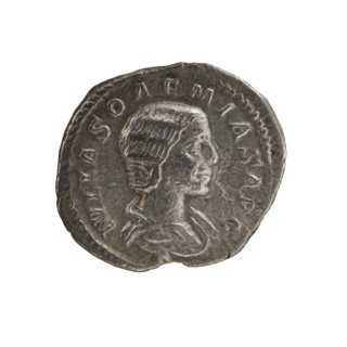 Denarius, Elagabalus reigned 218–222. Obverse: IVLIASOAEMIASAVG — Draped bust of Julia Soaemias