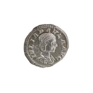 Denarius, Elagabalus Roman emperor 218–222. Obverse: Draped bust of Julia Paula facing right, pearl