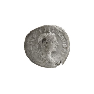 Denarius of Alexander Severus reigned 222–235. Obverse: Bust of Alexander Severus with laurel