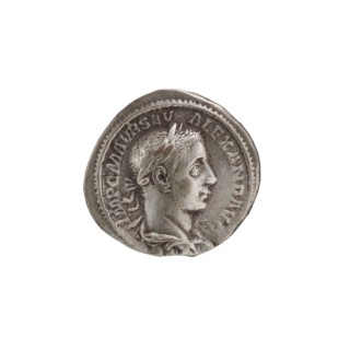 Denarius, Roman, 222–228 CE. Obverse: Head of Alexander Severus right, laurel wreath, pearl rim;
