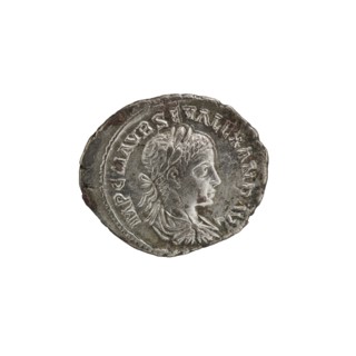 Denarius subaerate, Alexander Severus 208–235; Roman emperor 222–235. Obverse: Bust of Alexander