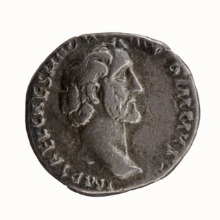 Denarius of Antoninus Pius 86–161; Roman Emperor 138–161. Obverse: Head of Antoninus Pius uncovered