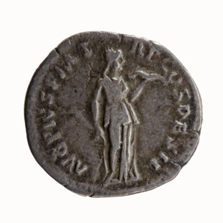 Denarius of Antoninus Pius 86–161; Roman Emperor 138–161. Obverse: head of Antoninus Pius uncovered