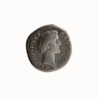 Denarius of Antoninus Pius 86–161; Roman emperor 138–161. Obverse: Head of Antoninus Pius without a