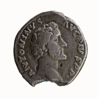 Denarius of Antoninus Pius 86–161; Roman emperor 138–161. Obverse: Head of Antoninus Pius uncovered