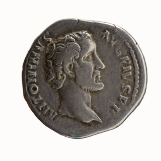 Denarius of Antoninus Pius 86–161; Roman Emperor 138–161. Obverse: Head of Antoninus Pius uncovered