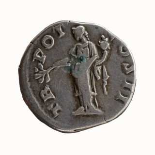 Denarius of Antoninus Pius 86–161; Roman Emperor 138–161. Obverse: Head of Antoninus Pius uncovered