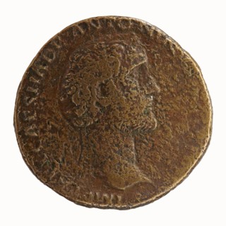 Sestertius of Antoninus Pius 86–161; Roman emperor 138–161. Obverse: bare-headed bust of Antoninus