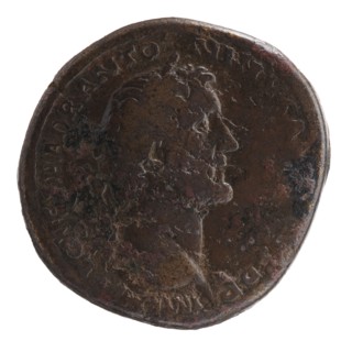 Sestertius, Antoninus Pius 86–161; Roman emperor 138–161. Obverse: head of Antoninus Pius in a