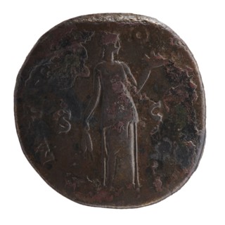 Sestertius of Antoninus Pius 86–161; Roman emperor 138–161. Obverse: head of Antoninus Pius in a