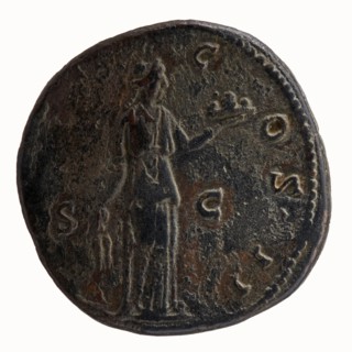 Sestertius of Antoninus Pius 86–161; Roman Emperor 138–161. Obverse: head of Antoninus Pius in a