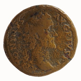 Sestertius of Antoninus Pius 86–161; Roman Emperor 138–161. Obverse: head of Antoninus Pius in a