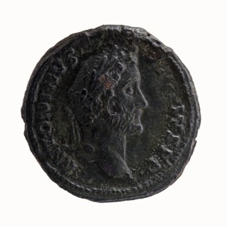 Head of Antoninus Pius with laurel wreath to the right, inscription ANTONINVS - AVG PIVS PP around;