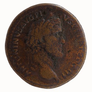 Sestertius, Roman coin, c. 140–144. Obverse: Head of Antoninus Pius in a laurel wreath to the