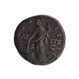 Sestertius of Antoninus Pius 86–161; Roman emperor 138–161. Obverse: head of Antoninus Pius in a