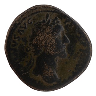 Sestertius of Antoninus Pius 86–161; Roman emperor 138–161. Obverse: Head of Antoninus Pius in a