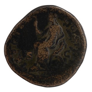 Sestertius of Antoninus Pius 86–161; Roman emperor 138–161. Bronze coin. Obverse: head of Antoninus