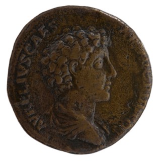 Sestertius, Marcus Aurelius 121–180; Roman emperor 161–180. Obverse: Bust of young Marcus Aurelius