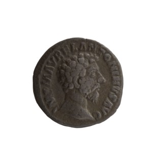 Denarius of Marcus Aurelius 121–180; Roman emperor 161–180. Obverse: Head of Marcus Aurelius