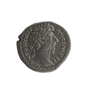 Denarius, Marcus Aurelius 121–180; Roman emperor 161–180. Obverse: Head of Marcus Aurelius with