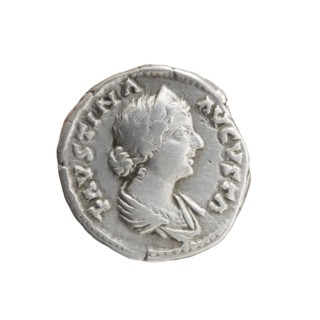 Denarius depicting bust of Faustina the Younger ca. 130–176; Roman empress 161–176 draped, facing