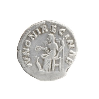 Denarius depicting Faustina the Younger ca. 130–176; Roman empress 161–176 and Marcus Aurelius