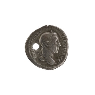 Denarius with hole, Alexander Severus 208–235; Roman emperor 222–235 issuer; obverse/portrait of