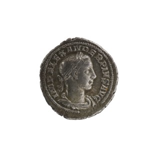Denarius of Alexander Severus reigned 222–235 CE. Obverse: bust of Alexander Severus Roman emperor,