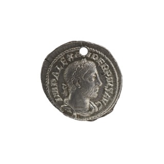 Denarius with hole, Alexander Severus 208–235; Roman emperor 222–235 issuer; Roman deities;