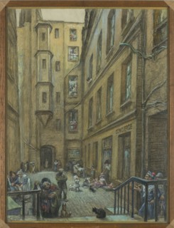 Courtyard of an old tenement house in Paris, Antoni Kamienski 1860–1933, painter, 1925, gouache and