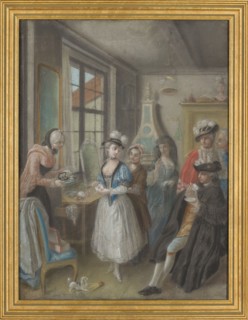 Interior scene, unknown pastelist, genre scene of group with courtship, servants, dogs and birds;