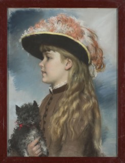 Portrait of Helena's daughter with a dog, by Alfred Izydor Römer 1832–1897. Pastel on paper, ca.
