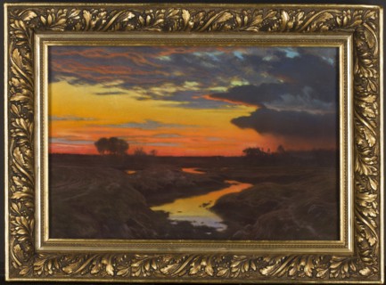 Landscape at Sunset, Jan Grubinski 1874–1945, painter. Pastel on paper, 1909. Subject: sunset