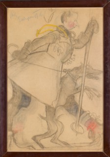 Caricature of a skier with a dog by Kazimierz Sichulski 1879–1942, 1916. Drawing, height 89.5 cm,