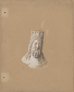 Head of a figure of King Casimir the Great from his tombstone in Wawel Cathedral in Kraków; drawing