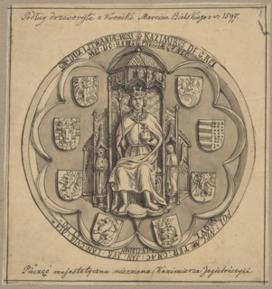 King Casimir Jagiellon sitting on a throne, according to an illustration from The Polish Chronicle