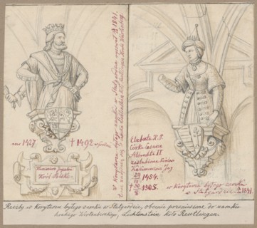 King Casimir IV and Elizabeth II of Prussia, figures on consoles after sculptures in the corridor
