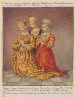 Princess Sophie Jagiellon with two sisters of her husband Frederick Hohenzollern during prayer,